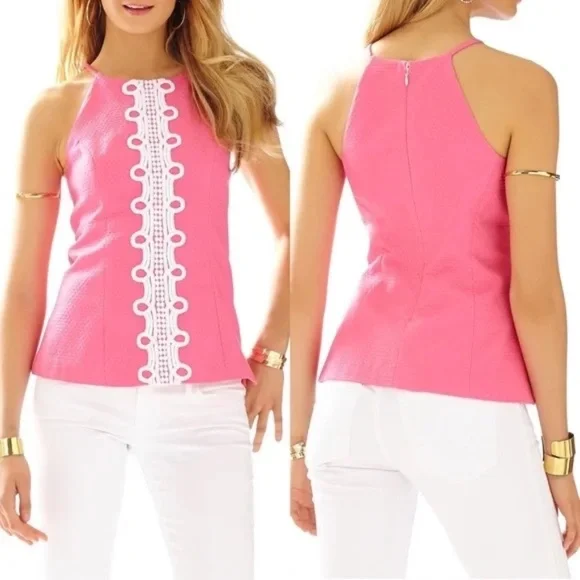 LILLY PULITZER Annabelle Pink White Halter Tank Top Blouse - Size 4 - Picture 1 of 7